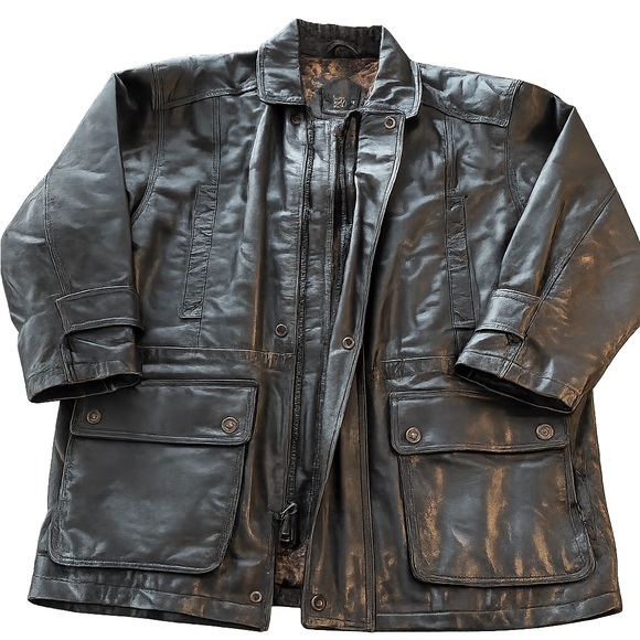 Men's Black Leather Military Jacket - Picture 3 of 3
